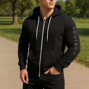 Equinox Hoodie Mens Black Cotton Full Zip Fleece Spellout Activewear Gym Sz XL